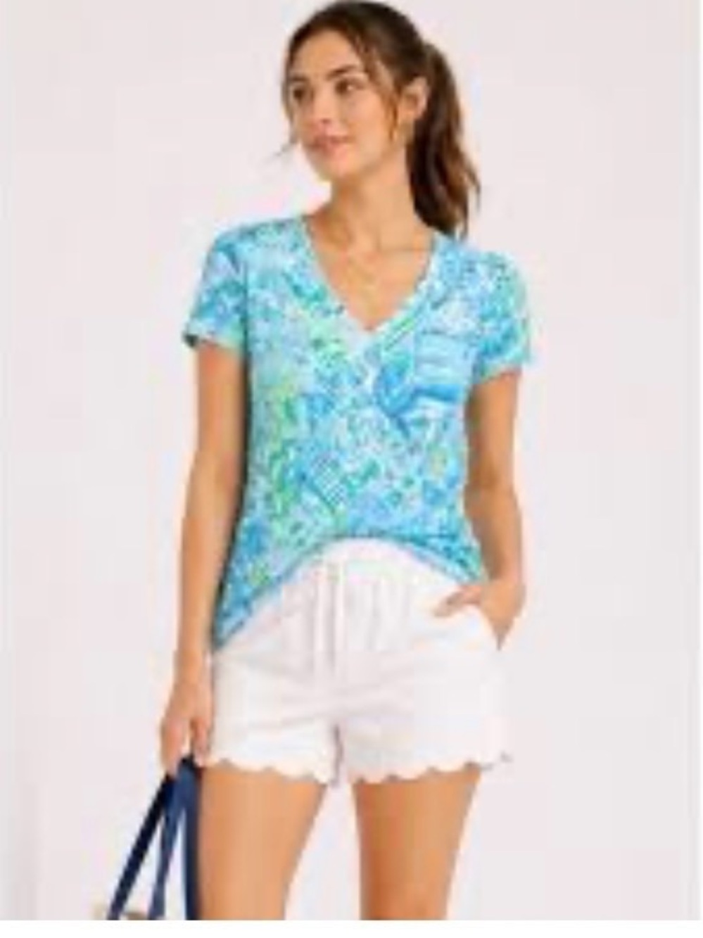 NWT Lilly Pulitzer Etta V-Neck Tee Top Hydra Blue Dandy Lions Cotton Size S